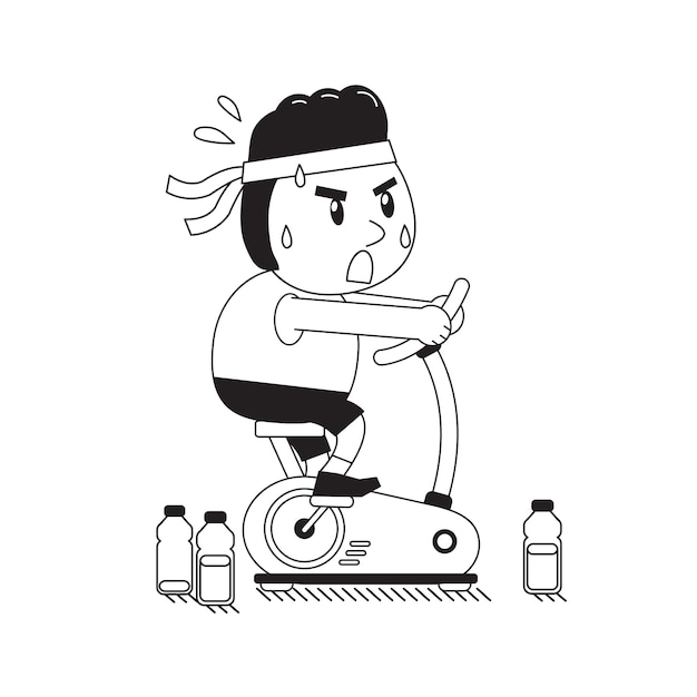 Cartoon a fat man riding exercise bike