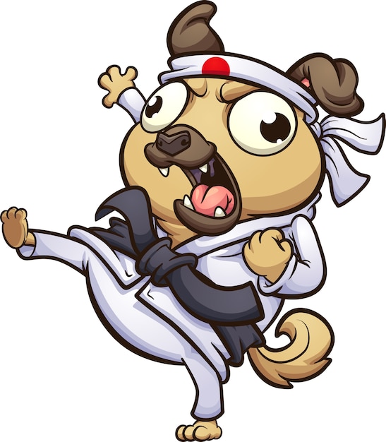 Cartoon fat pug dog throwing a karate kick.   clip art illustration.  
