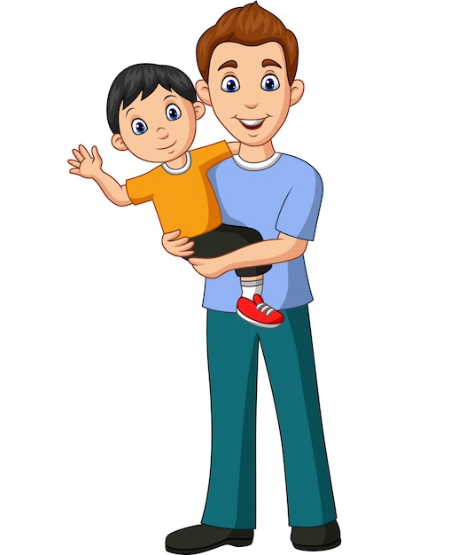 Vector cartoon father carrying a son in his arms