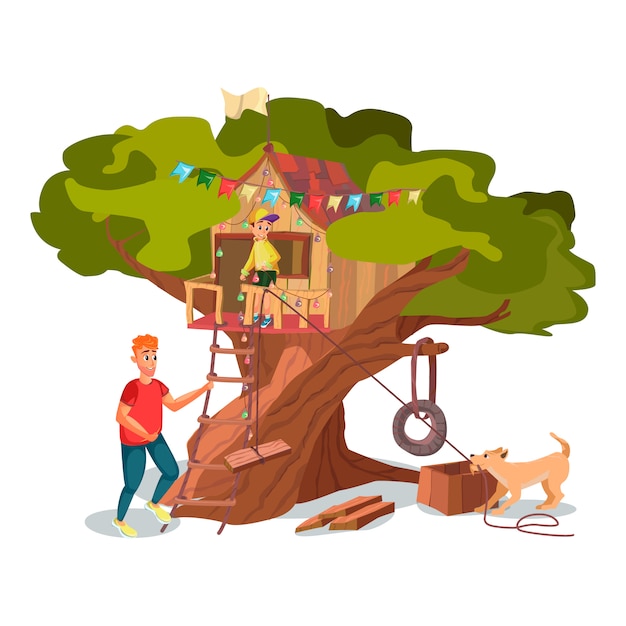 Cartoon father son dog build house on tree garden