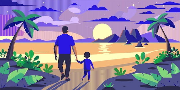 Vector a cartoon of a father and son walking on a beach