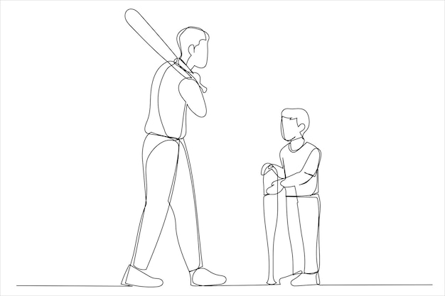 Cartoon of father teaching his son how to play baseball Single continuous line art style