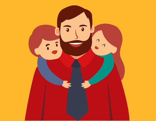 Vettore un cartone animato di un padre e due bambini che si abbracciano.