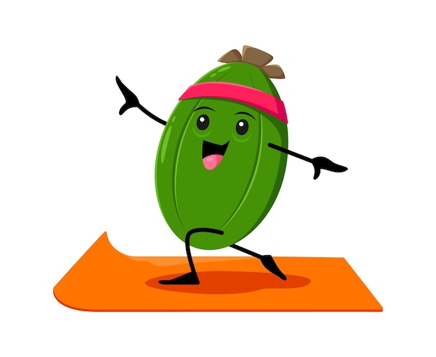 Cartoon feijoa fruit character on yoga fitness