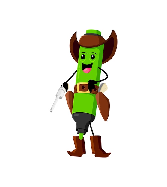 Cartoon felttip pen school supply cowboy ranger sheriff and robber character Isolated vector fearless writing tool personage armed with trusty rifle ready for wild west adventures on the frontier