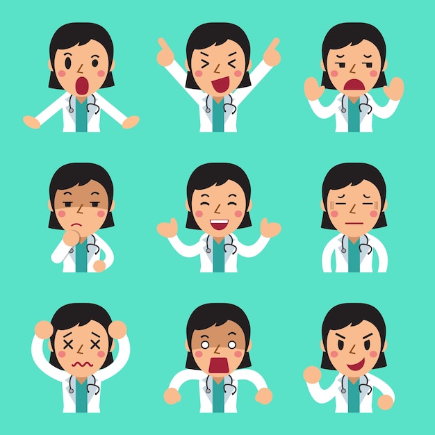 Vector cartoon female doctor faces showing different emotions