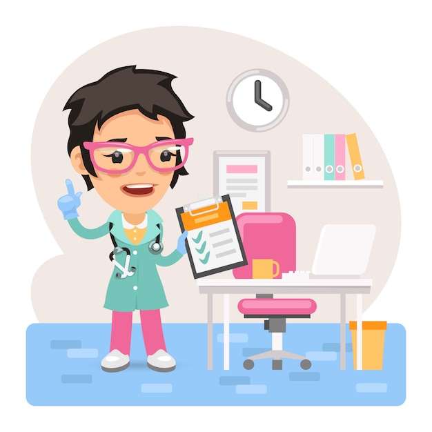 Vector cartoon female doctor physician in the office