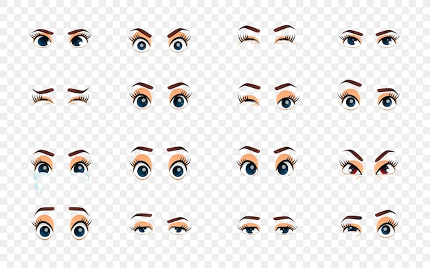 Вектор Мультфильм женские глаза. женский набор изображений глаз и бровей женщины