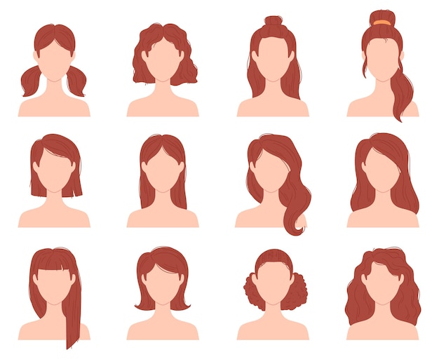 Vector cartoon female fashion hairstyle for short, long and curly hair. woman head with haircuts, ponytail and bun. flat girl hairstyles vector set