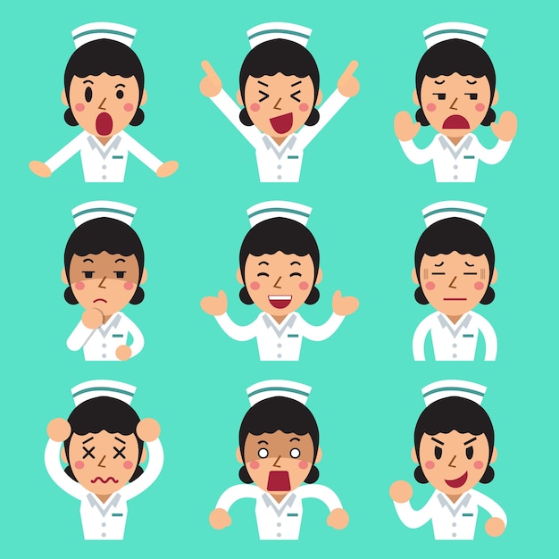 Cartoon female nurse faces showing different emotions