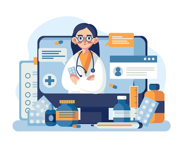 cartoon female physician consulting anonymous person remotely