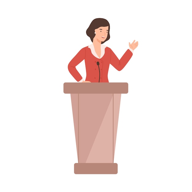 Vector cartoon female politician perform in front of audience flat illustration