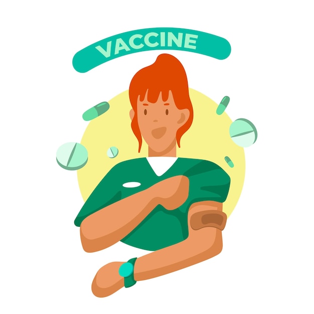 Dottoressa cartoon dai capelli rossi dopo aver ricevuto vaccini contro la malattia migliorare la salute del sistema immunitario iniezione di vaccino nel braccio illustrazione vettoriale in stile piatto