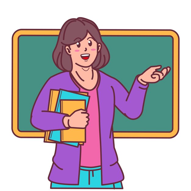 Vector cartoon female teacher carrying a book in her hand there is a blackboard behind her