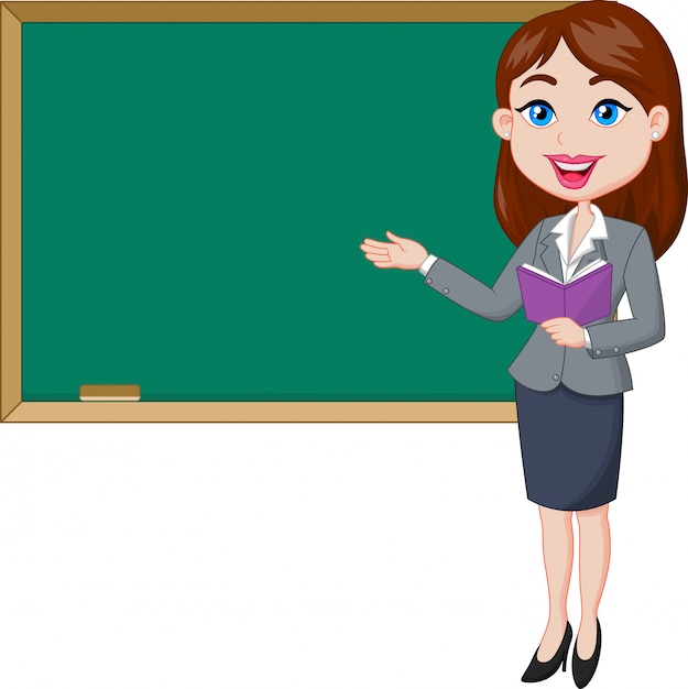 Vector cartoon female teacher standing next to a blackboard