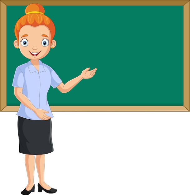 Мультфильм женщина учитель, стоя рядом с доске