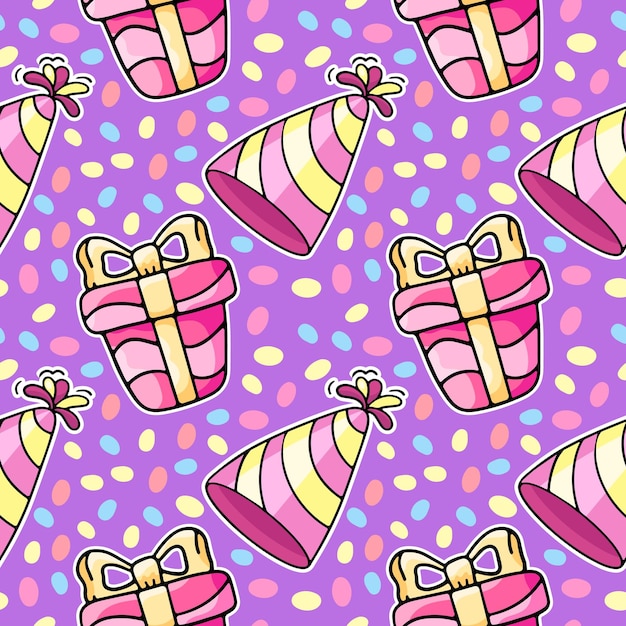 벡터 축제 모자와 선물 상자 벡터 원활한 패턴 손으로 그린 만화 축제 패턴