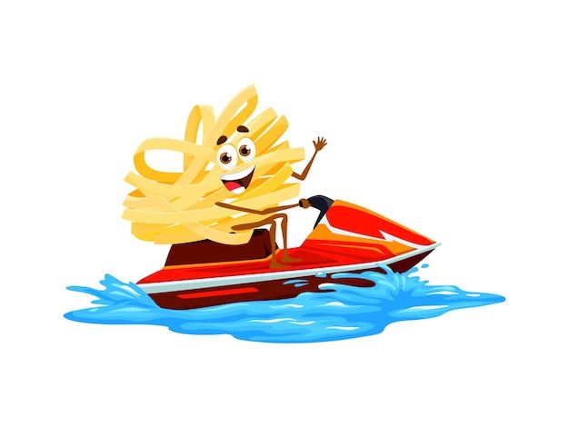 Cartoon fettuccine character riding jet ski on sea waves vector summer beach vacation italian pasta personage waving hand with happy smiling face macaroni character enjoying ride on water scooter