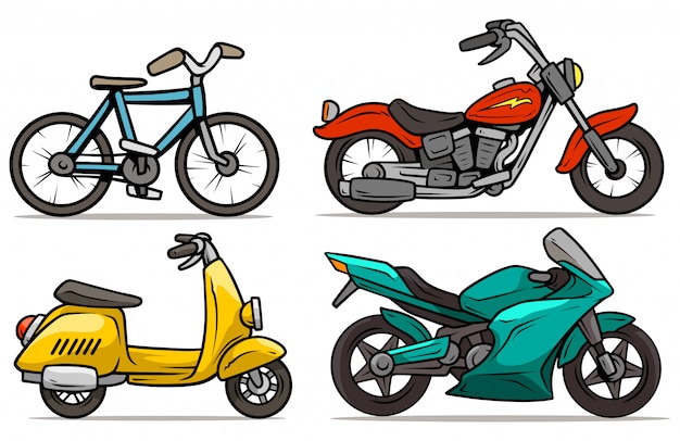 Cartoon fiets, scooter en motoren vector set