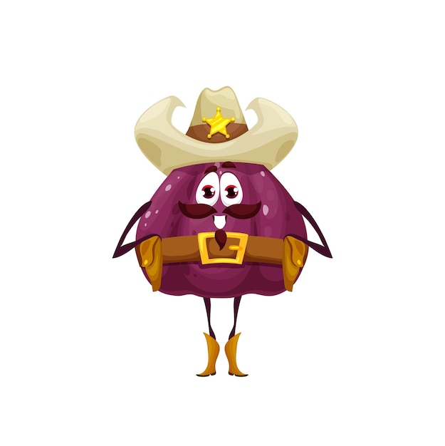 cartoon fig sheriff character vector fruit wild west cowboy police officer funny fruit food emoji of fig western policeman personage with cowboy hat sheriff star badge leather shoes and belt