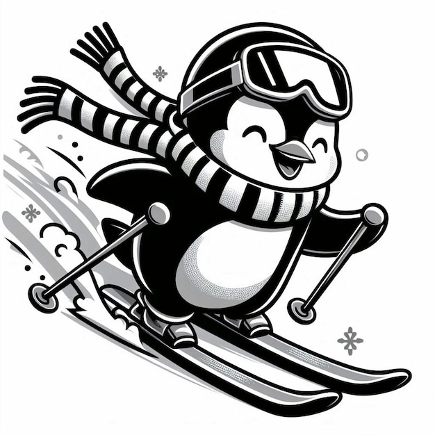 a cartoon figure of a skier wearing goggles and a striped scarf