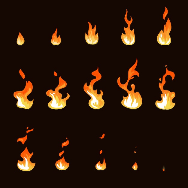 Vector cartoon fire flame sheet sprite animation  set