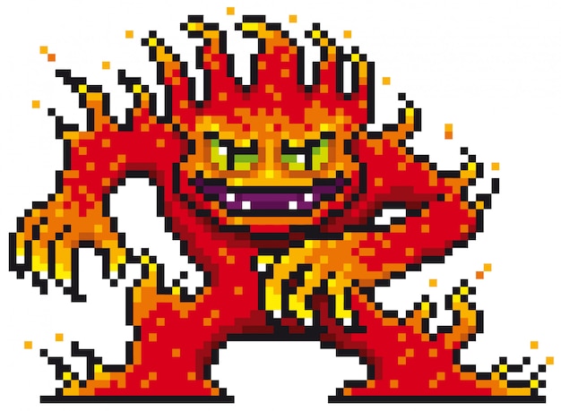 Vettore disegno di cartoon fire monster pixel