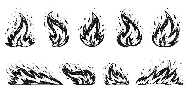 Vector cartoon fire set sparkling igniting flame hot temperature blazing dangerous fires flaming ignition flammable blaze heat explosion danger natural gas flames energy flat black symbol stencil stamp