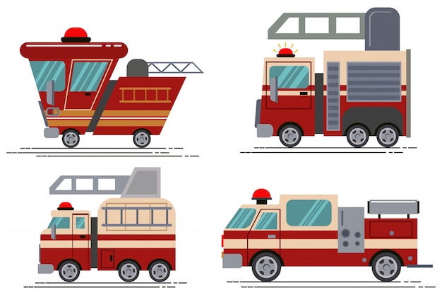 Vector cartoon fire truck icon set isolated on white