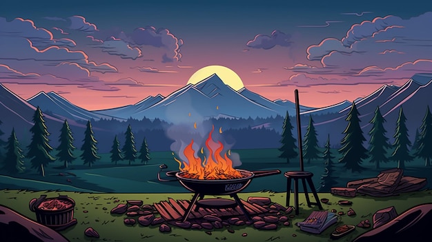 Vector a cartoon of a fire with a mountain in the background