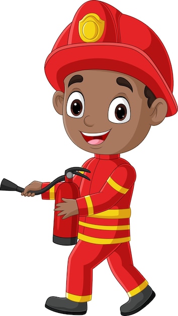 Vector cartoon firefighter boy holding fire extinguisher