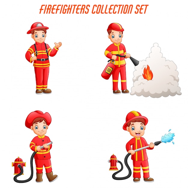 Vettore collezione di vigili del fuoco del fumetto con diverse pose di azione