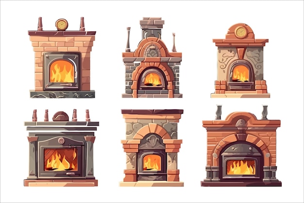 Cartoon fireplaces stoves Isolated on background Cartoon vector illustration