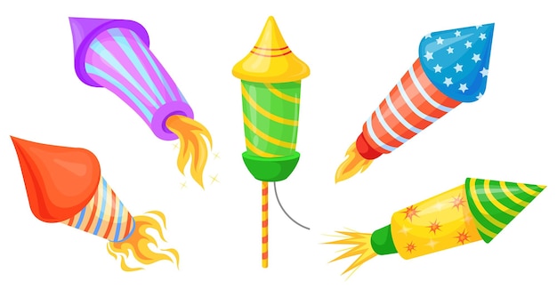 Cartoon fireworks rockets Firework rocket christmas party pyrotechnics concept explosion firecracker for 4th july festival petard with fuse xmas squib neat vector illustration