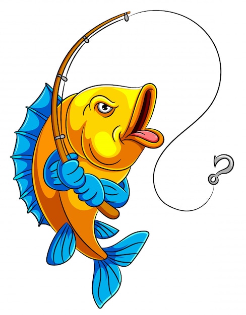 Vector a cartoon fish holding fishing rod