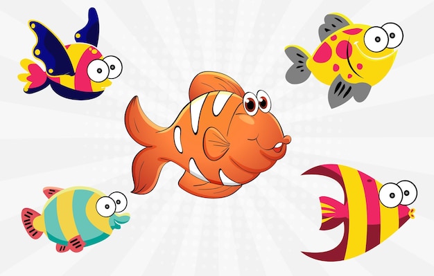 A cartoon fish with a yellow and blue tail and a red tail with a white stripe that says'fish'on it.