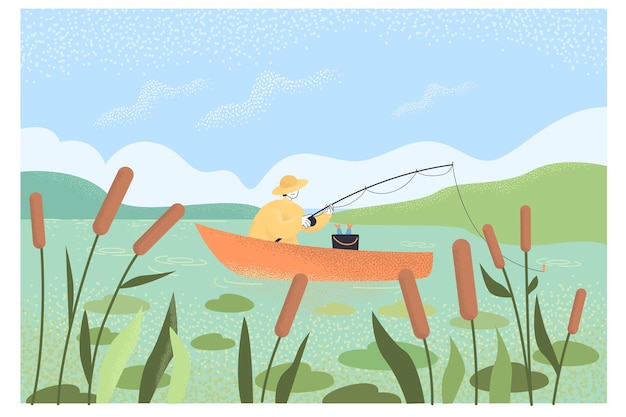 湖でボートで釣りをする漫画の漁師