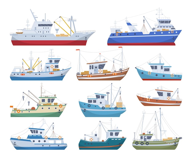 Cartoon fishing boats seafood industry nautical ships flat vector illustrations collection