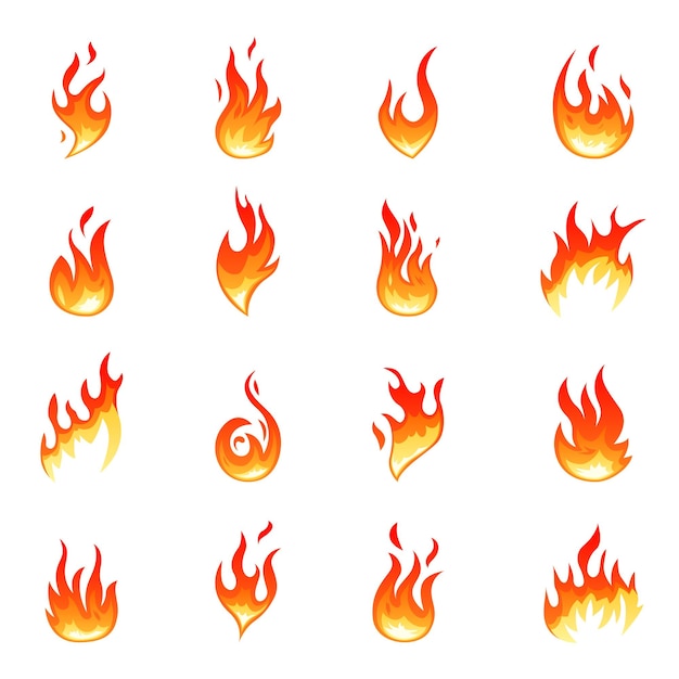 Collezione di fiamme di cartone animato fiamme di fuoco calde isolate calore rosso incandescente elementi grafici di riscaldamento effetto torcia falò forme icone vettoriali recenti