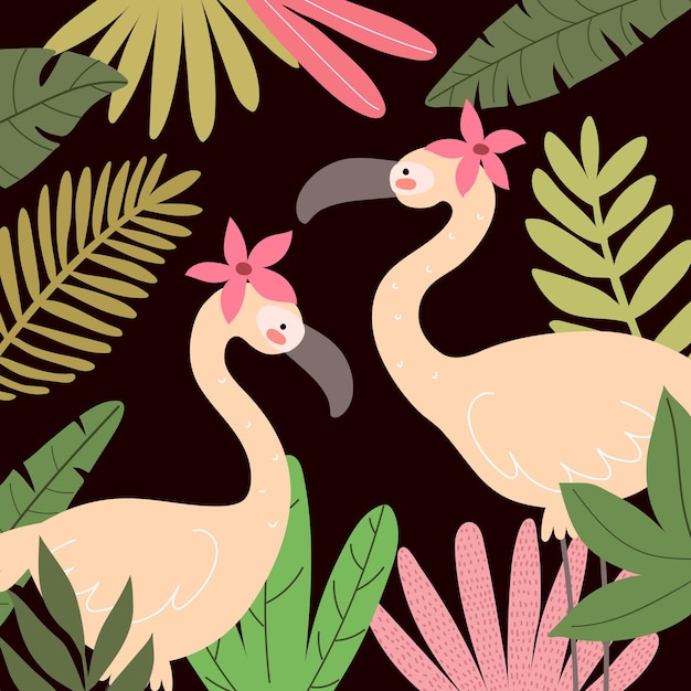 cartoon flamingo, plant, leaves, decor elements