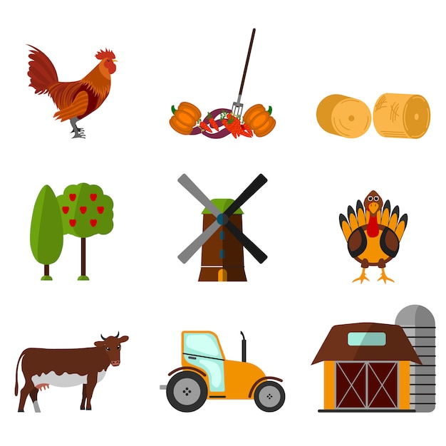 Cartoon flat agriculture icon set