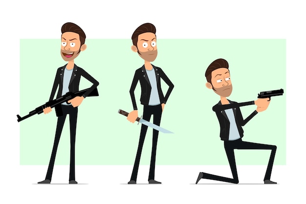 Vector cartoon flat bearded rock and roll man character in leather jacket. boy shooting with pistol, rifle and holding knife.