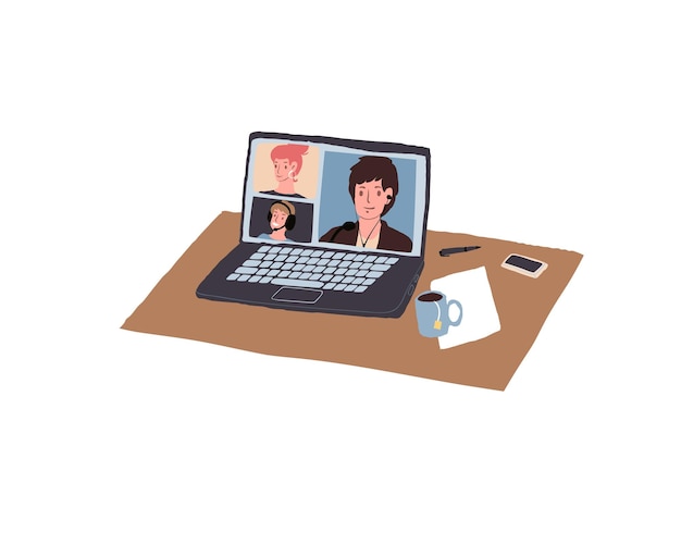 cartoon flat characters on computer screen,video conference apps using vector illustration concept