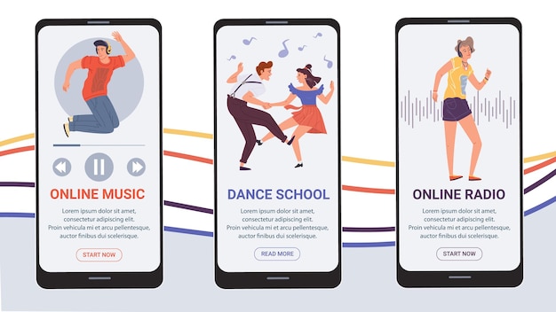 Мультяшные плоские персонажи на экранах приложений для смартфонов, шаблон интерфейса мобильных онлайн-приложений для прослушивания музыки ...