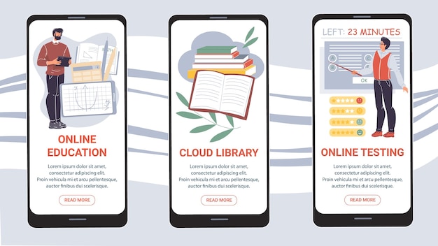 Мультяшные плоские персонажи на экране приложения для смартфонашаблоны интерфейса обучающих мобильных онлайн-приложений ...