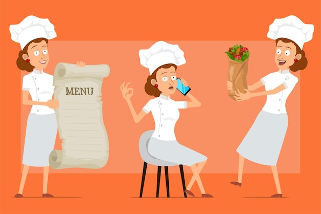 Vector cartoon flat chef cook woman character in white uniform and baker hat. girl talking on phone, holding menu and tasty kebab shawarma.