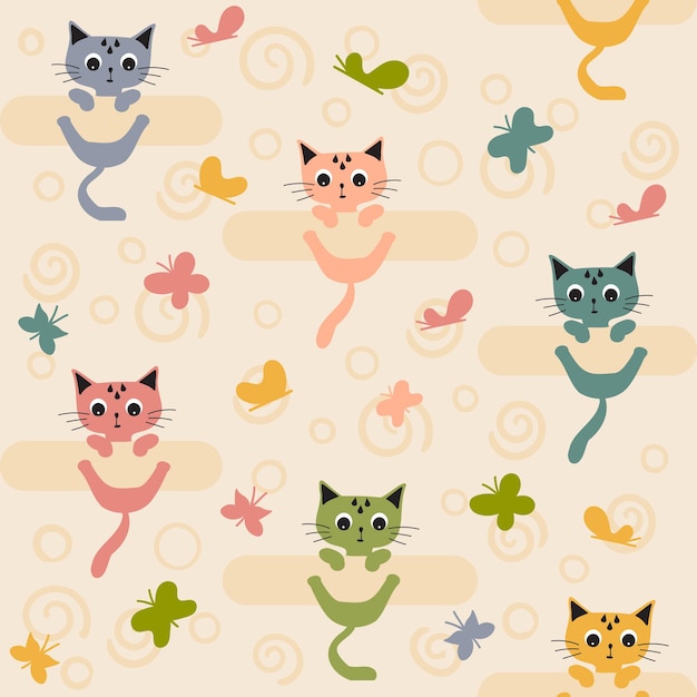 Мультфильм плоский красочный смешной милый бесшовный рисунок с кошками и бабочками