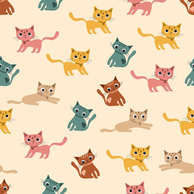 Cartoon flat colorfull funny cute seamless pattern with a cats