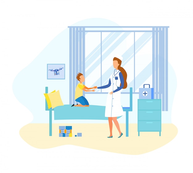 Vector cartoon flat doctor visit child in hospital ward