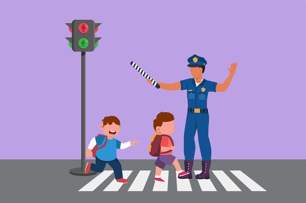 Cartoon flat drawing elementary school students crossing road on zebra crossing are helped by traffic police holding stop signs Pedestrian or crossing path concept Graphic design vector illustration